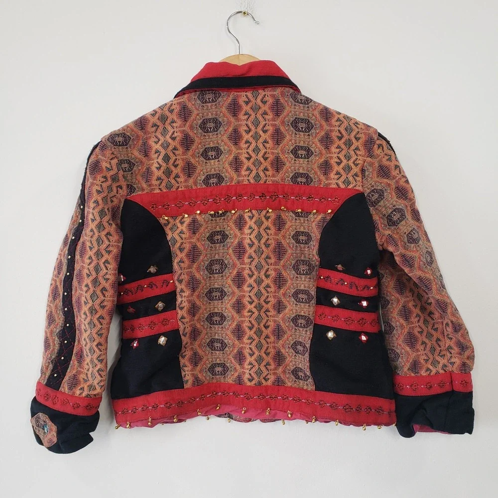 Vintage Bleu Bayou Womens Small Tapestry Beaded Mirror Stud Cotton Jacket‎ Artsy